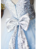 Silver Sequin Blue Tulle V Back Butterfly Flower Girl Dress